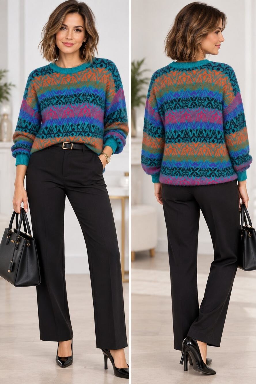 Benetton Mohair Wool Knit Pullover Sweater Colorful Crewneck Size M
